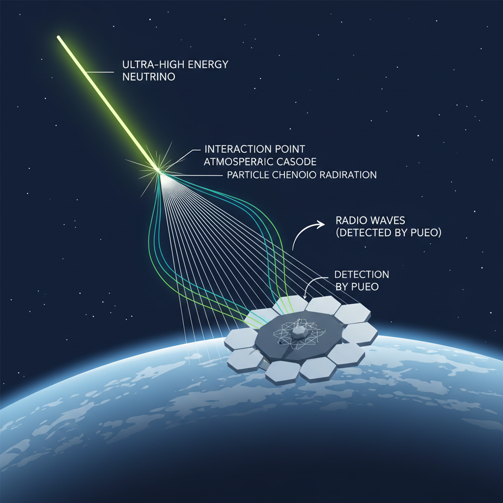 Este diagrama ilustra como o PUEO detecta neutrinos de energia ultra-alta: ao interagir com a atmosfera terrestre, essas partículas geram chuvas de partículas secundárias que emitem ondas de rádio, captadas pelo instrumento em altitude.