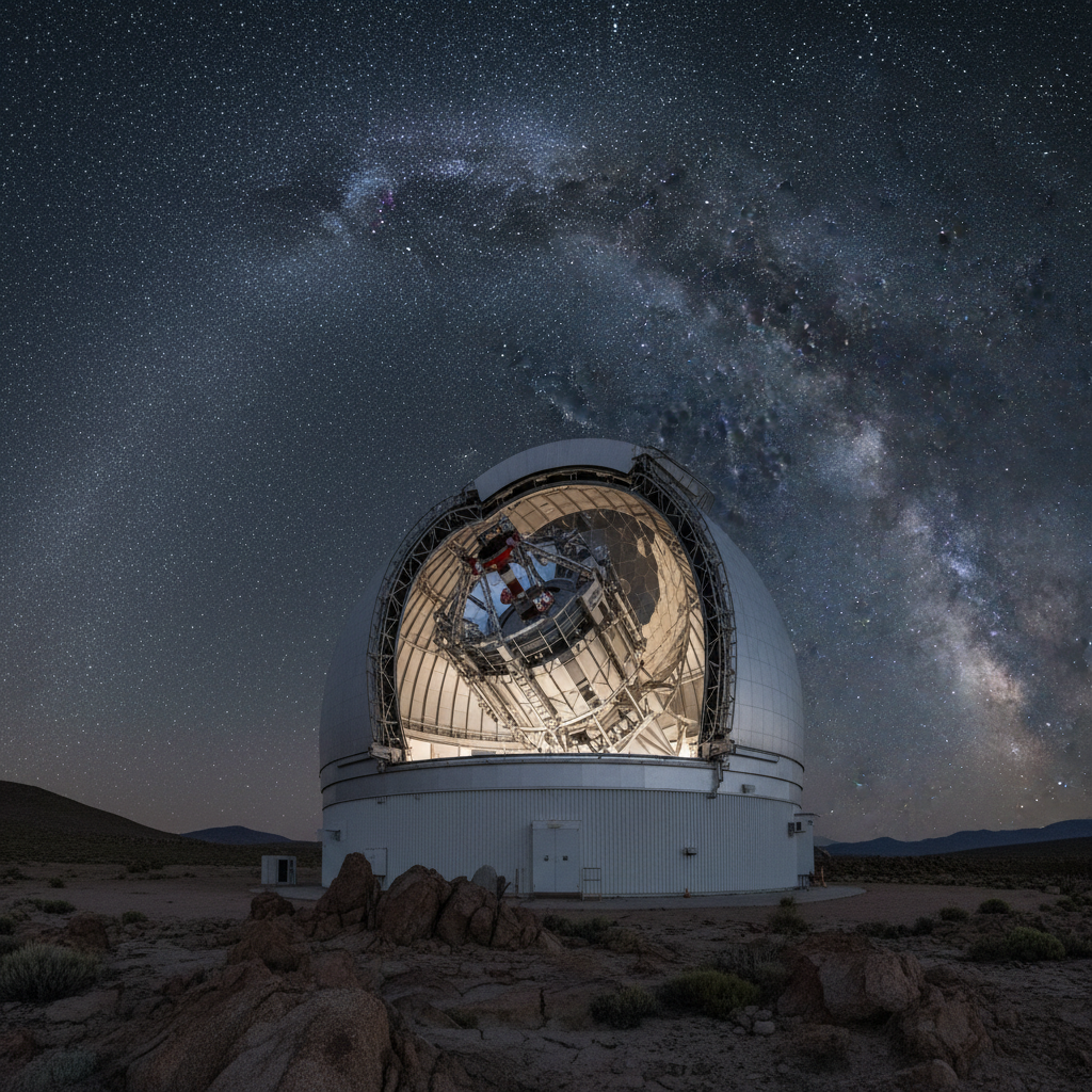 Um observatório astronômico de ponta, com seu telescópio gigante perscrutando os céus noturnos em busca de fenômenos como o escurecimento de ASASSN-24fw. Estes instrumentos são cruciais para desvendar os mistérios do universo.