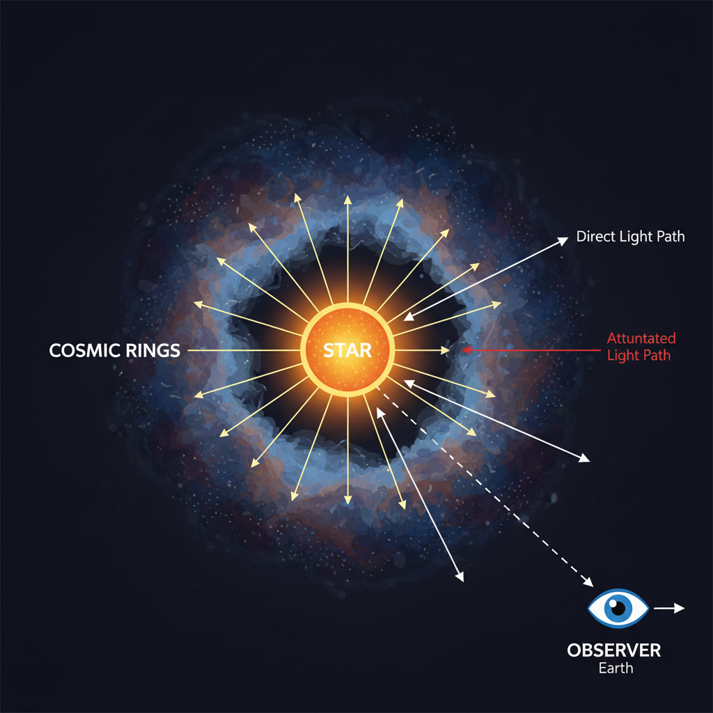 Este diagrama ilustra o conceito de uma estrela sendo eclipsada por um sistema de anéis cósmicos massivos, uma explicação para o escurecimento prolongado de ASASSN-24fw. A complexidade dos anéis é fundamental para a duração do evento.