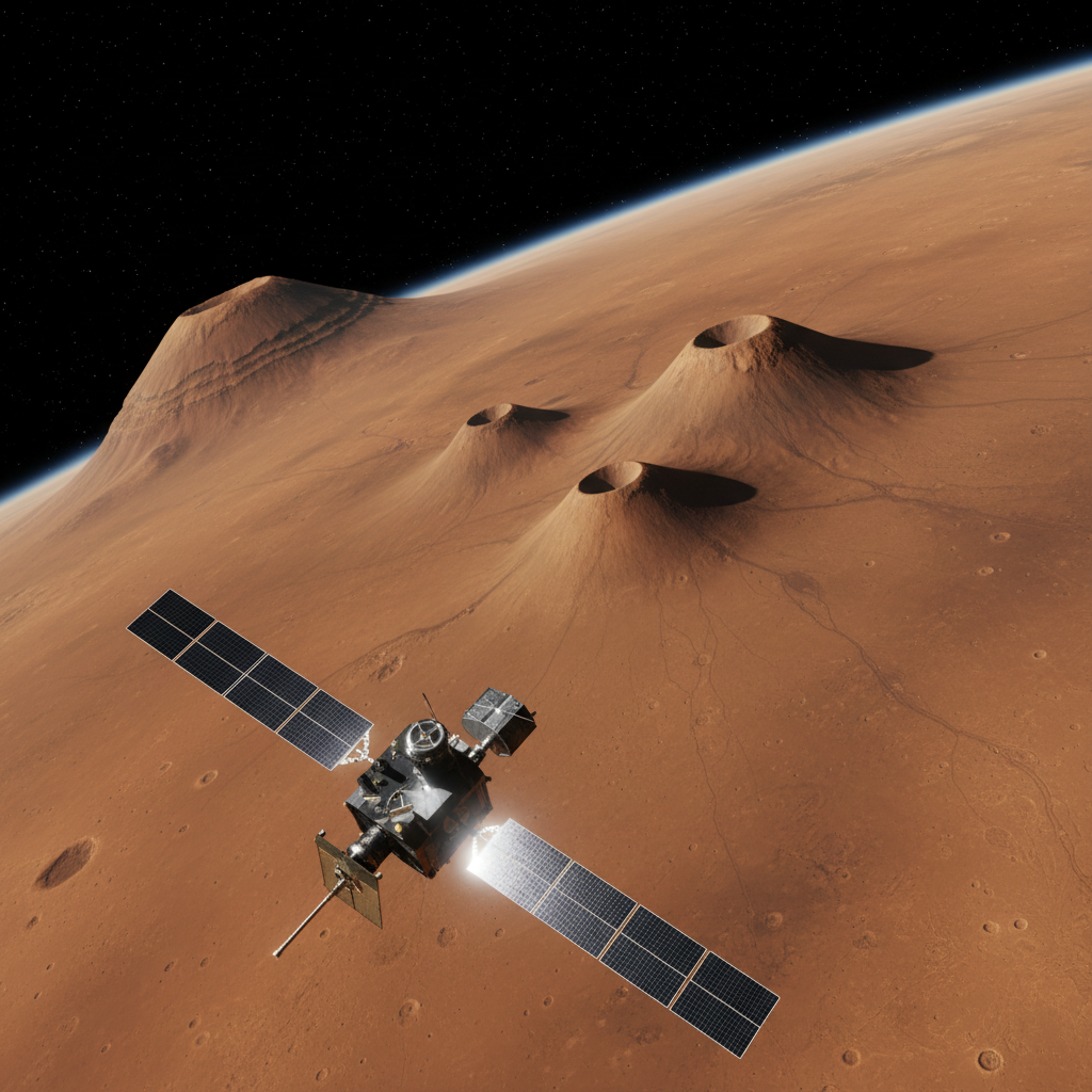Uma sonda espacial orbita Marte, capturando a imponente região de Tharsis, um platô vulcânico gigantesco que abriga os maiores vulcões do Sistema Solar, como o Olympus Mons.