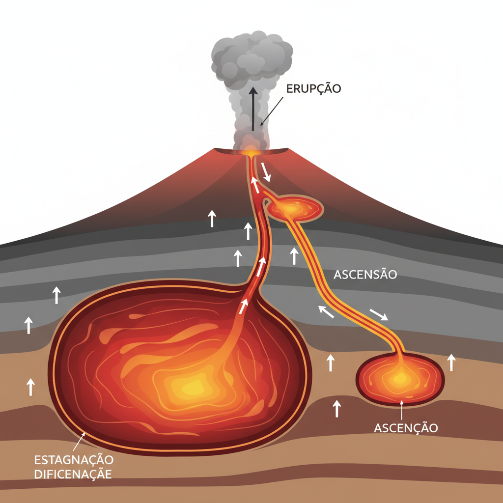 Diagrama esquemático ilustra o complexo processo de ascensão e evolução do magma em câmaras subterrâneas, revelando como vulcões marcianos desenvolvem histórias geológicas intricadas ao longo do tempo.