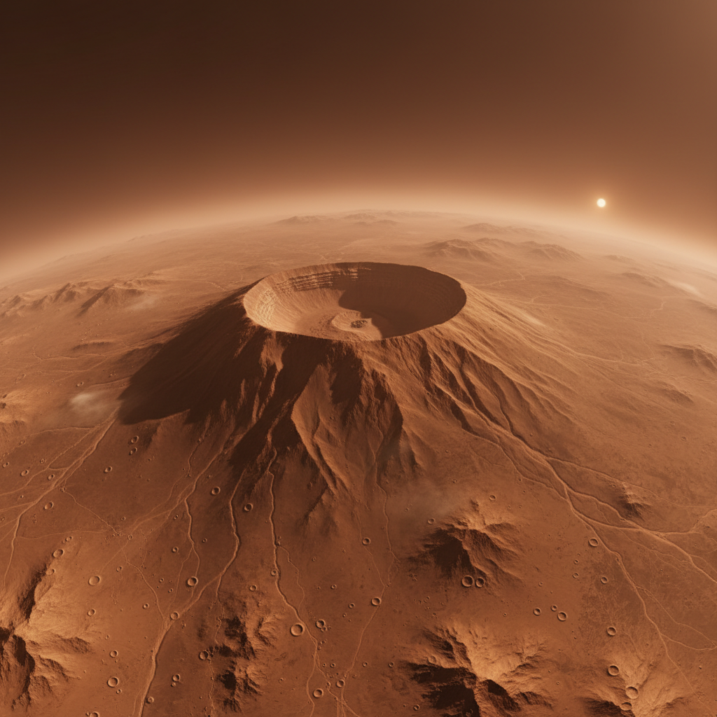 O imponente Olympus Mons, o maior vulcão do Sistema Solar, domina a paisagem marciana, estendendo-se por centenas de quilômetros e elevando-se a alturas que empequenece o Monte Everest.