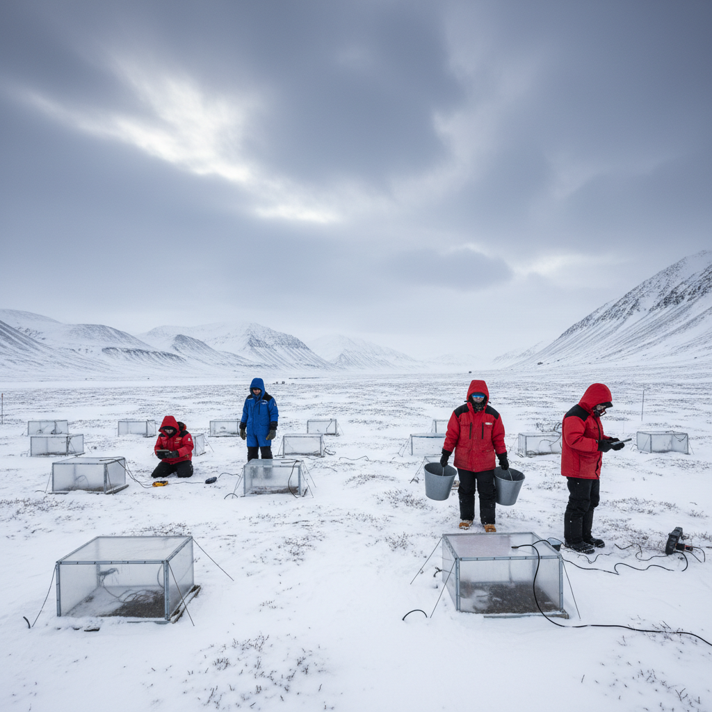 Cientistas da NTNU e do Instituto de Recursos Naturais da Groenlândia conduzem experimentos de campo em Svalbard, simulando condições climáticas extremas para estudar a adaptação vegetal.