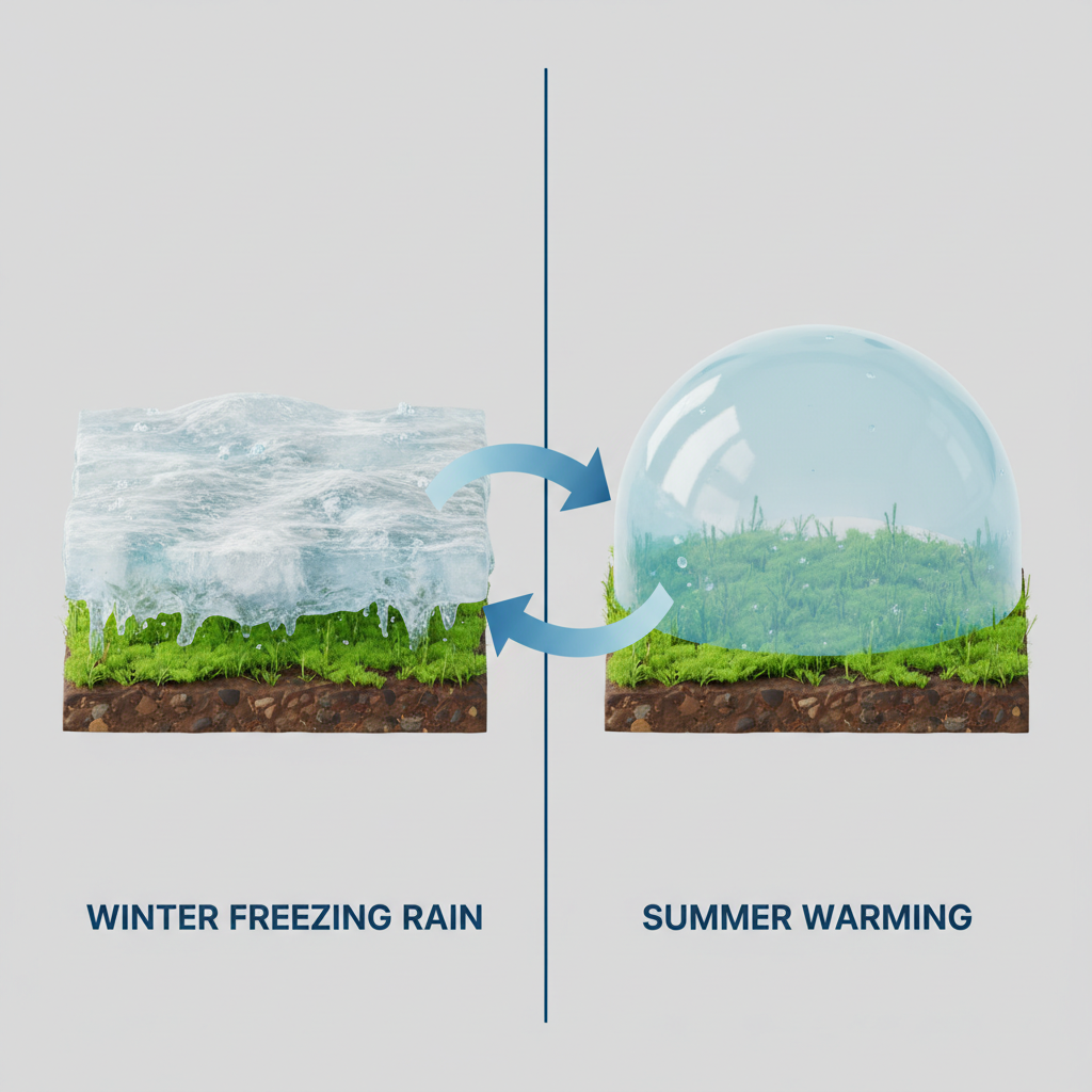 Diagrama esquemático ilustra o ciclo experimental de inverno rigoroso com gelo e verão aquecido artificialmente, revelando a capacidade de sobrevivência das plantas da tundra.