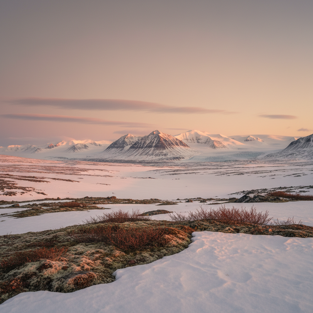A grandiosidade da paisagem ártica de Svalbard, banhada pela luz etérea do sol da meia-noite, ressalta a beleza e a vulnerabilidade de um ecossistema em transformação.