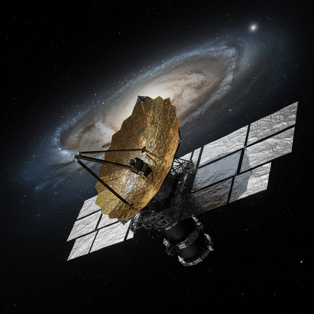 O Telescópio Espacial James Webb (JWST) em sua órbita distante, com seu espelho dourado capturando a luz de galáxias primordiais. Este observatório de última geração é crucial para desvendar os mistérios da formação e evolução galáctica.
