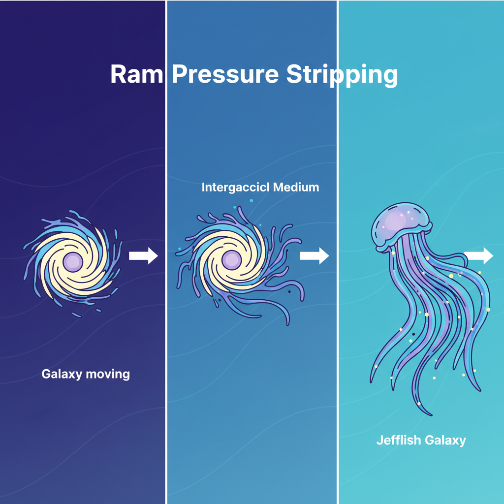 Diagrama esquemático ilustrando o processo de 'ram pressure stripping', onde o gás e a poeira de uma galáxia são arrancados pela pressão do meio intergaláctico denso. Este fenômeno transforma galáxias espirais em 'galáxias medusas', revelando a turbulência da evolução cósmica.