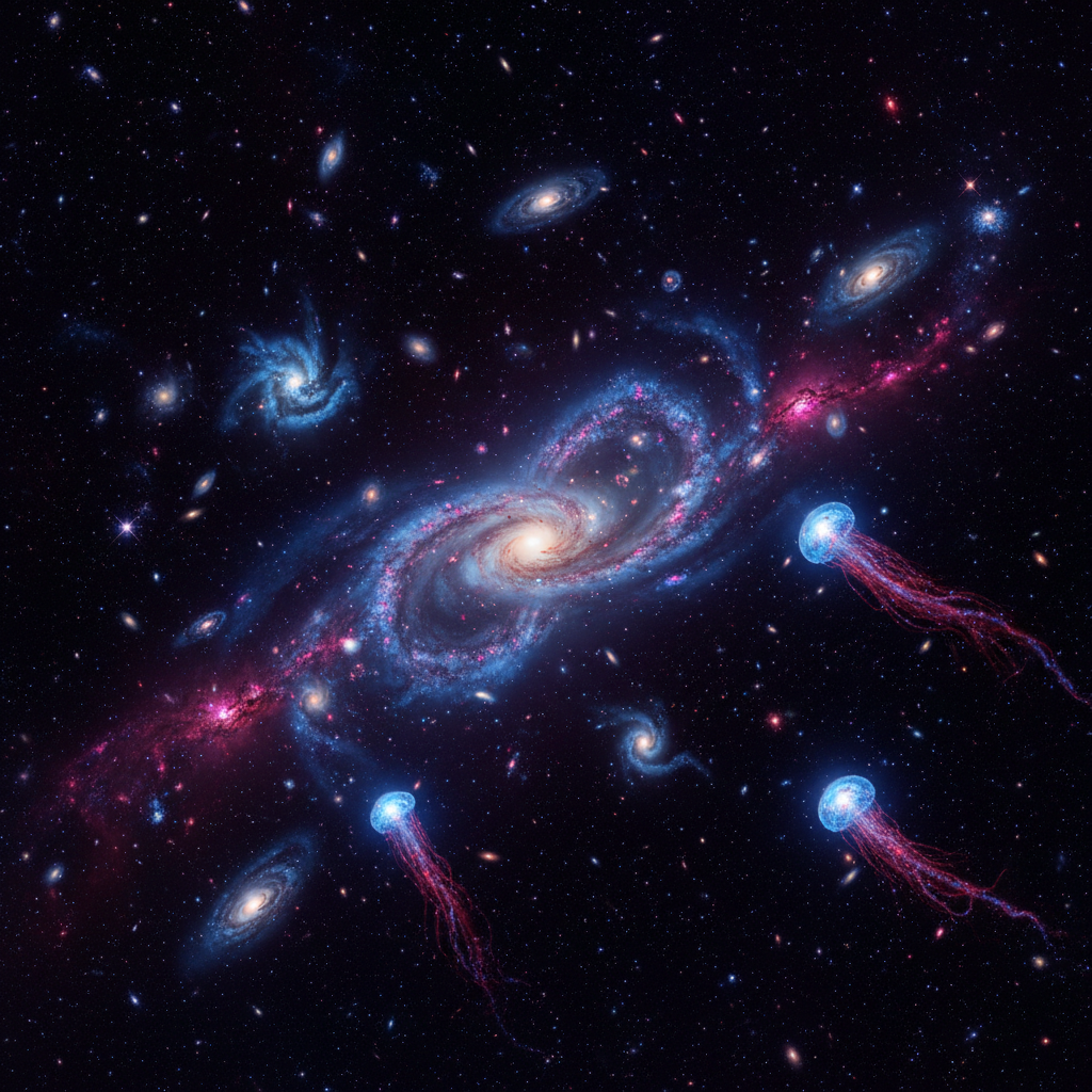 Uma visão espetacular do universo em sua 'adolescência', há cerca de 8,5 bilhões de anos, um período de intensa formação e interação galáctica. Esta era turbulenta foi crucial para o forjamento das estruturas cósmicas que observamos hoje.