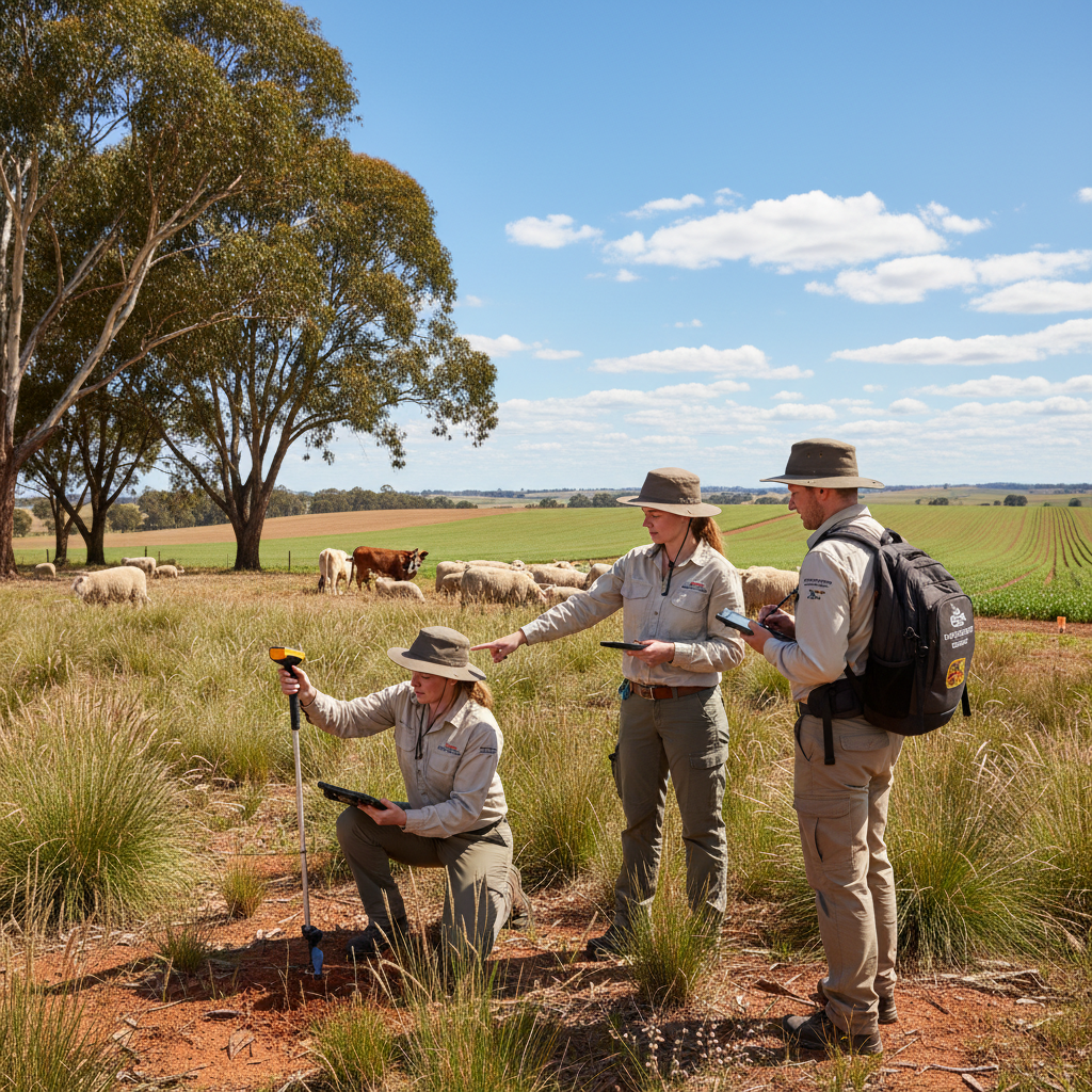 Cientistas da La Trobe University, na Austrália, coletam dados em fazendas para desenvolver um método inovador de avaliação ambiental, integrando tecnologia e observação de campo.