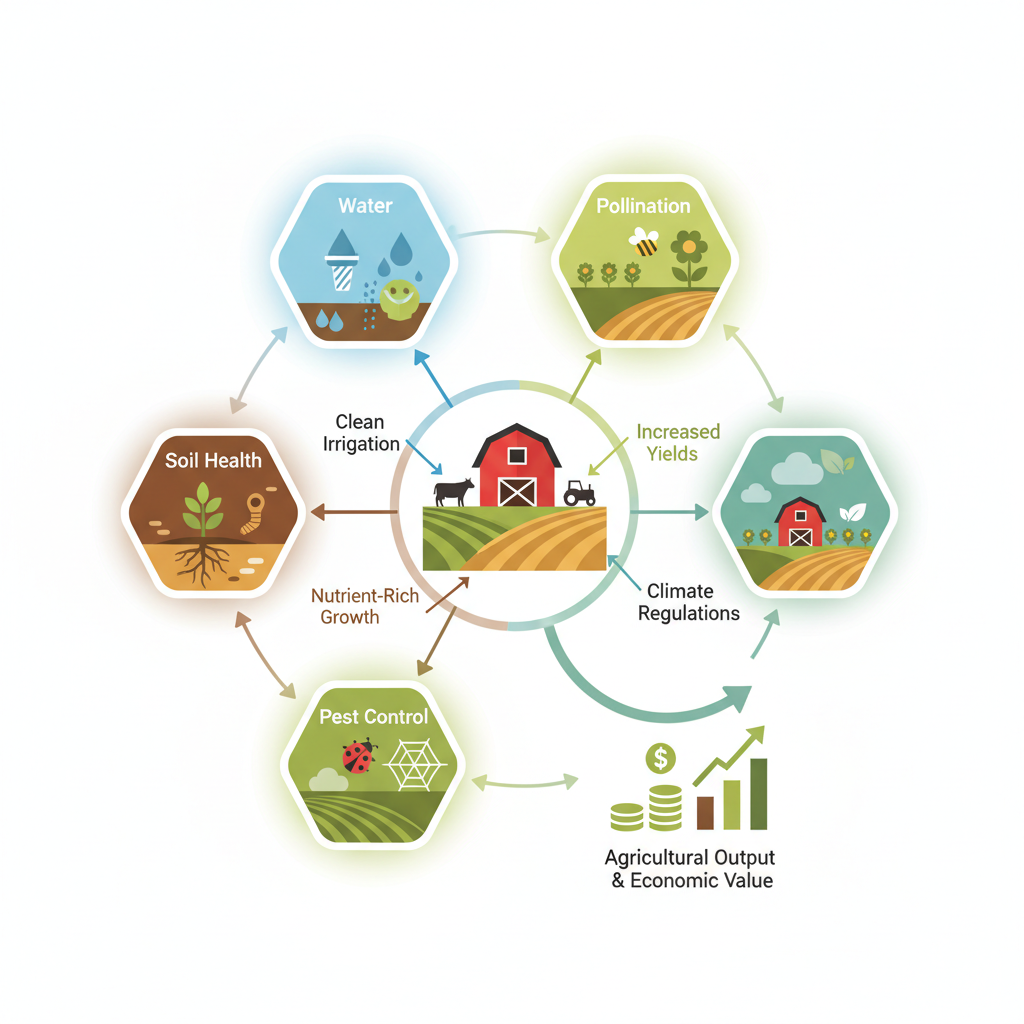 Este diagrama ilustra como os serviços ecossistêmicos, como a polinização e a saúde do solo, são ativos fundamentais que sustentam a produtividade e a economia de uma fazenda.
