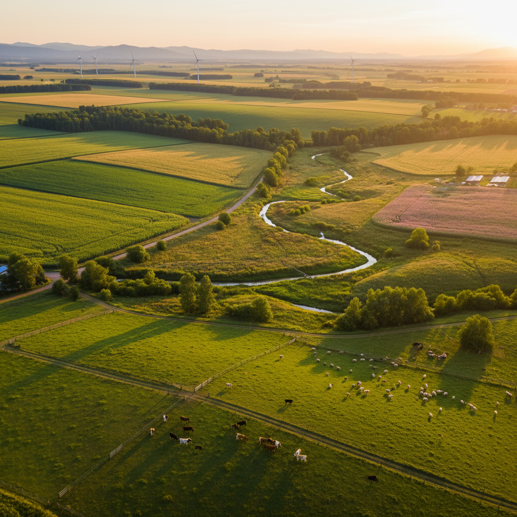 Uma vista aérea de uma paisagem rural exemplifica a integração de práticas agrícolas sustentáveis, revelando a grandiosidade e o valor inestimável do capital natural do planeta.