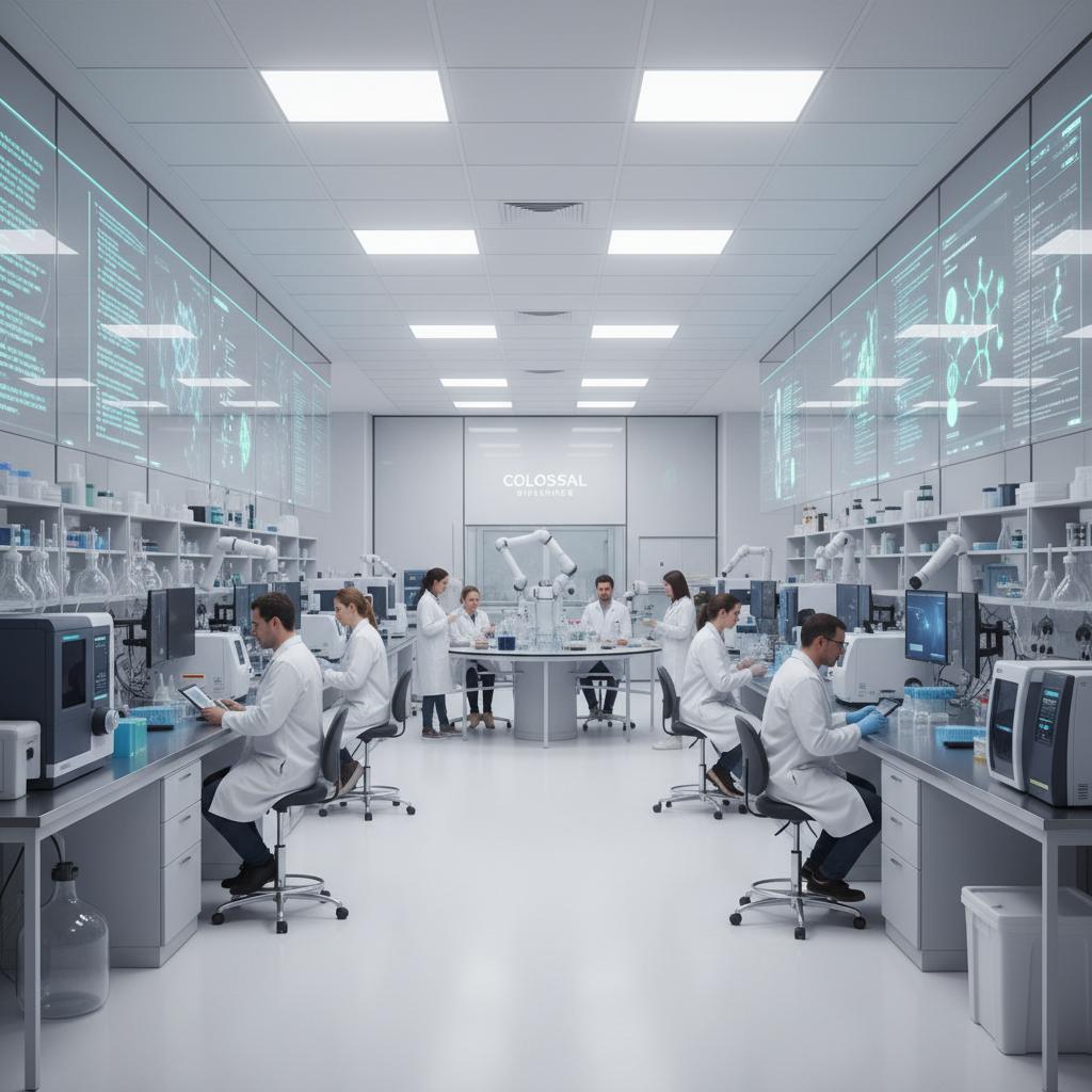 Cientistas trabalham em laboratórios de ponta na Colossal Biosciences, equipados com tecnologia de última geração para a engenharia genética e a pesquisa de desextinção.