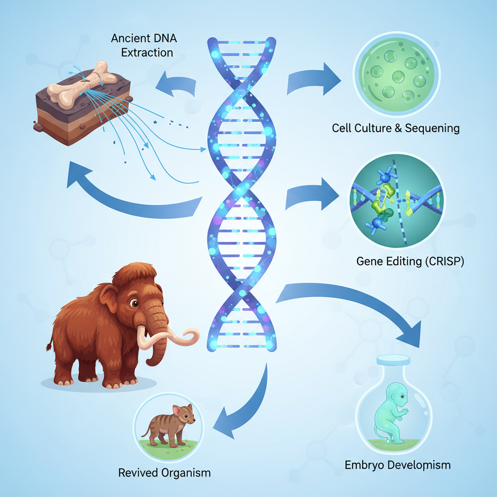 Diagrama conceitual detalha o complexo processo de desextinção, desde a recuperação de DNA antigo até a engenharia genética para reviver espécies extintas.