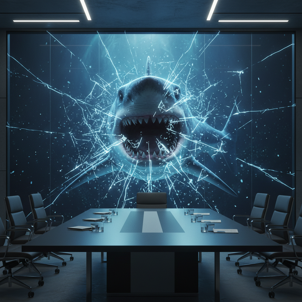 Um megalodonte virtual irrompe de uma tela gigante na sede da Colossal, ilustrando a capacidade da empresa de recriar a grandiosidade da vida extinta com tecnologia imersiva.