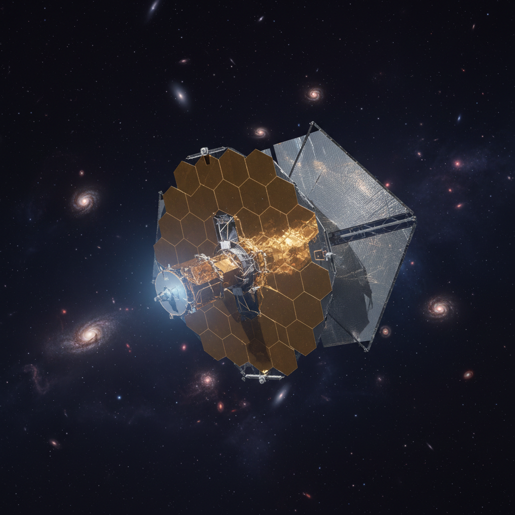 O Telescópio Espacial James Webb (JWST) em órbita, seus espelhos dourados capturando a luz infravermelha de galáxias distantes, revelando segredos do universo em seus primeiros balbucios.