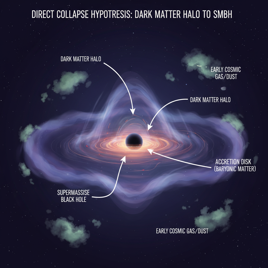 Diagrama conceitual da nova hipótese: buracos negros supermassivos nos 'pontos vermelhos' podem ter nascido do colapso direto de halos de matéria escura, reescrevendo a história cósmica.