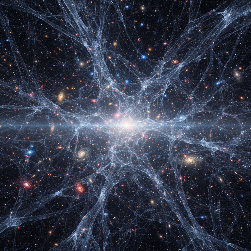 Uma representação artística da vasta e invisível rede de matéria escura que molda a estrutura em grande escala do universo, servindo como o andaime cósmico para galáxias e aglomerados.