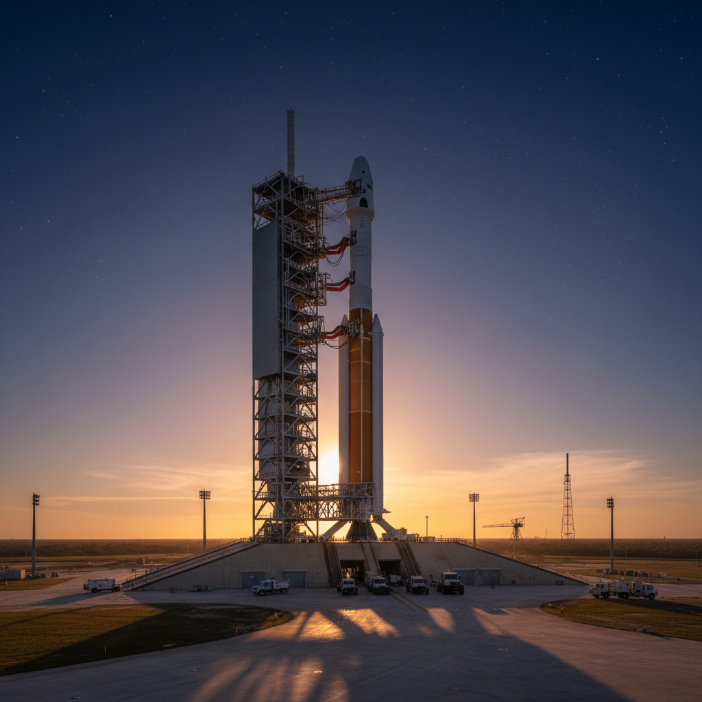 A plataforma de lançamento 39B no Kennedy Space Center, com o foguete SLS e a espaçonave Orion prontos para a missão Artemis II. O amanhecer pinta o céu enquanto a equipe se prepara para o retorno da humanidade à órbita lunar.