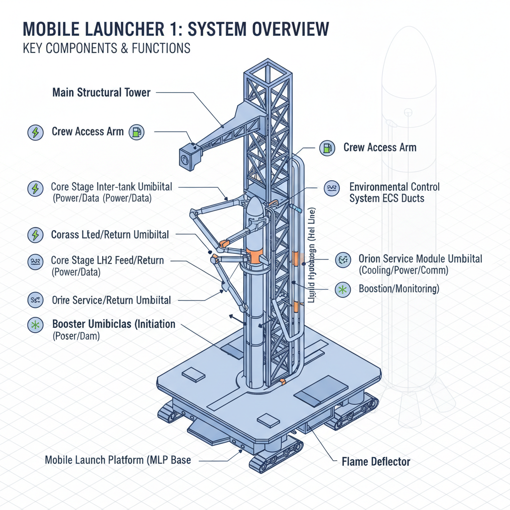 Um diagrama detalhado do Lançador Móvel 1, revelando sua complexa engenharia. Esta estrutura colossal serve como espinha dorsal para o foguete SLS e a cápsula Orion, fornecendo suporte vital e acessos cruciais antes do lançamento.