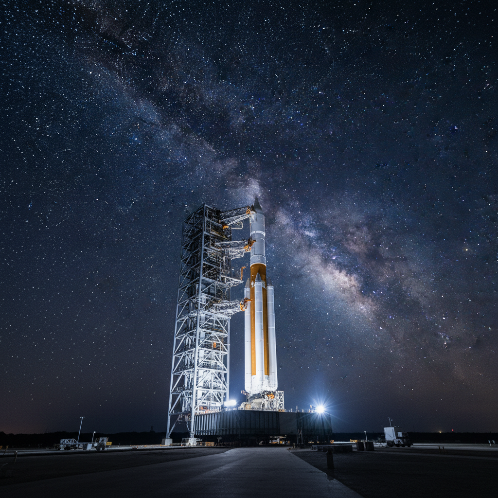 Sob um céu estrelado e a Via Láctea, o Lançador Móvel e o foguete SLS se erguem como um farol de ambição humana. Esta imagem captura a grandiosidade da engenharia que nos levará de volta à Lua.