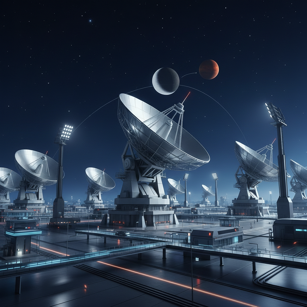 Antenas de comunicação terrestre, parte da rede SCaN da NASA, representam a espinha dorsal tecnológica que permite missões complexas como a Artemis, mantendo contato ininterrupto com as naves espaciais.