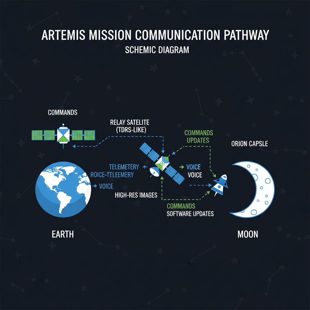 Este diagrama ilustra a complexa rede de comunicação que conecta a cápsula Orion à Terra, utilizando satélites retransmissores para garantir o fluxo contínuo de dados e comandos vitais durante a missão Artemis.