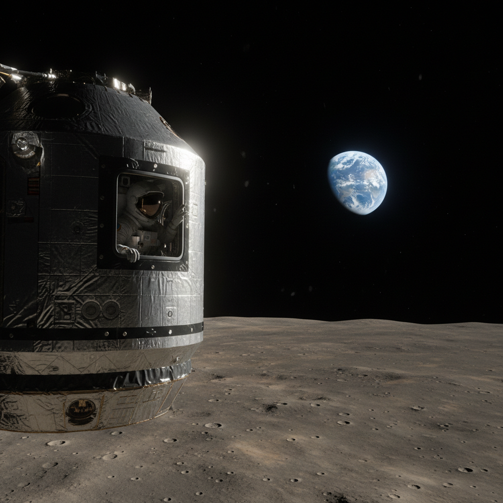 Com a Terra distante no horizonte, a cápsula Orion se aproxima da Lua, levando a humanidade em uma jornada de exploração que desafia os limites do conhecimento e da tecnologia.