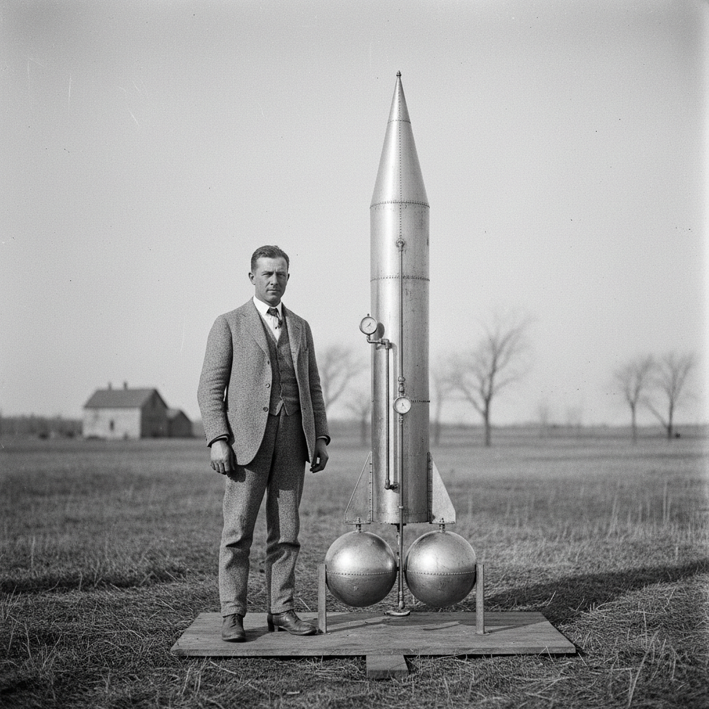 Robert Goddard, um dos pais da fogueteria moderna, ao lado de seu revolucionário foguete a combustível líquido em 1926. Seu trabalho provou a viabilidade da viagem espacial, transformando um sonho em uma possibilidade tangível.