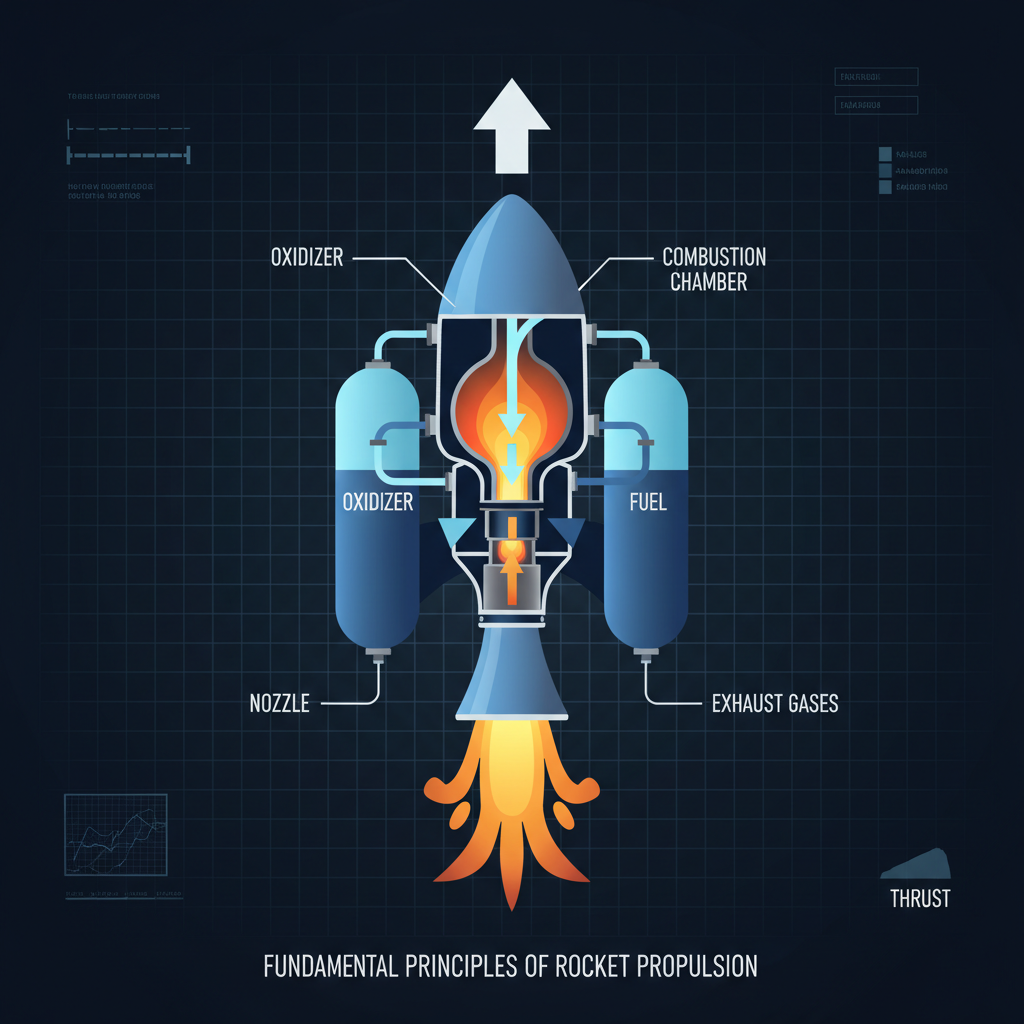 Um diagrama esquemático detalha o funcionamento de um motor de foguete, ilustrando como a expulsão de massa gera o empuxo necessário para vencer a gravidade e impulsionar veículos espaciais.