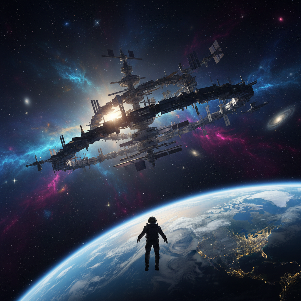 Uma estação espacial futurista orbita a Terra, enquanto um astronauta solitário contempla a imensidão do universo. Esta imagem simboliza a curiosidade insaciável e o espírito indomável da humanidade em sua jornada rumo ao desconhecido.