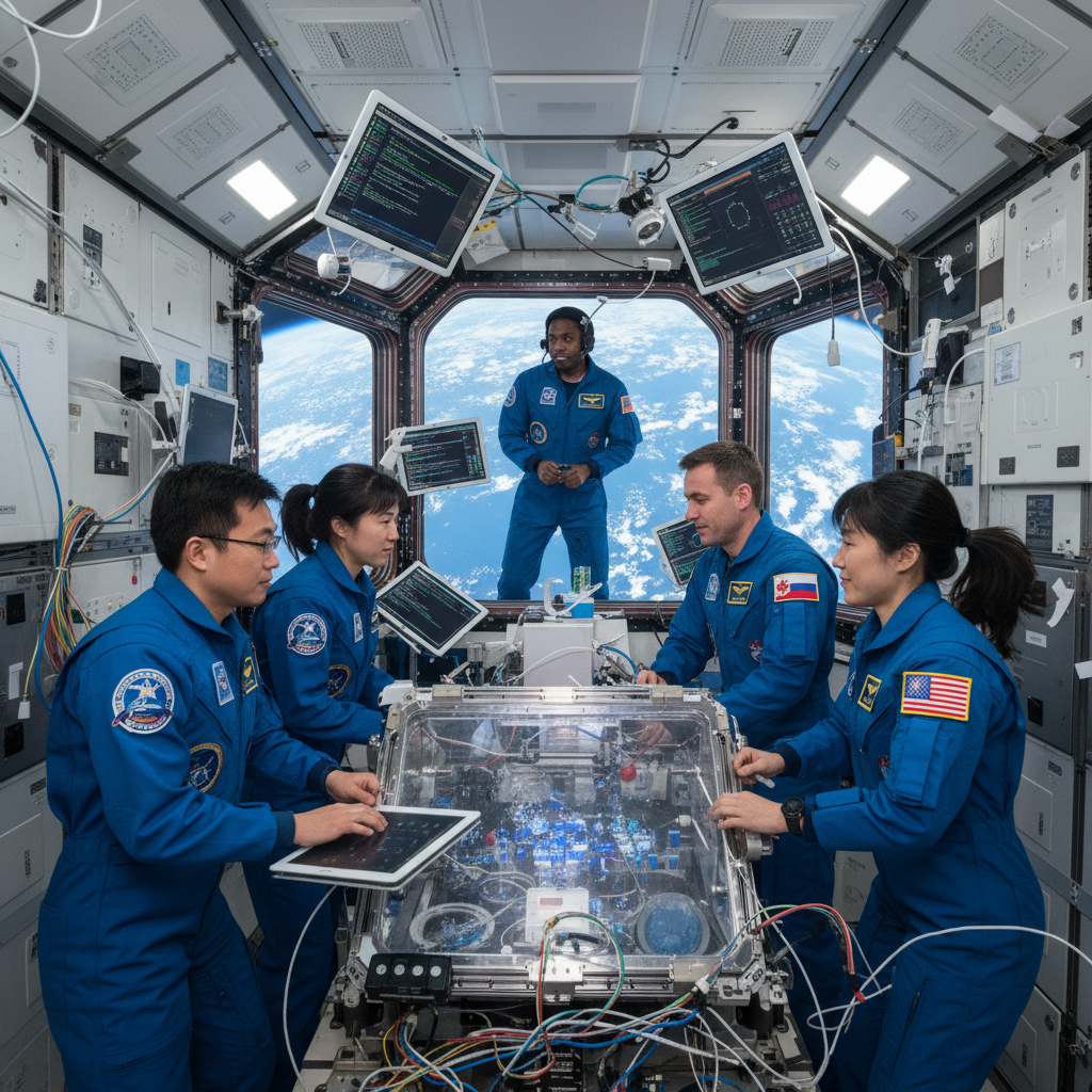 Astronautas e cientistas de diversas nacionalidades colaboram a bordo da Estação Espacial Internacional, um símbolo da cooperação global na pesquisa e exploração espacial.