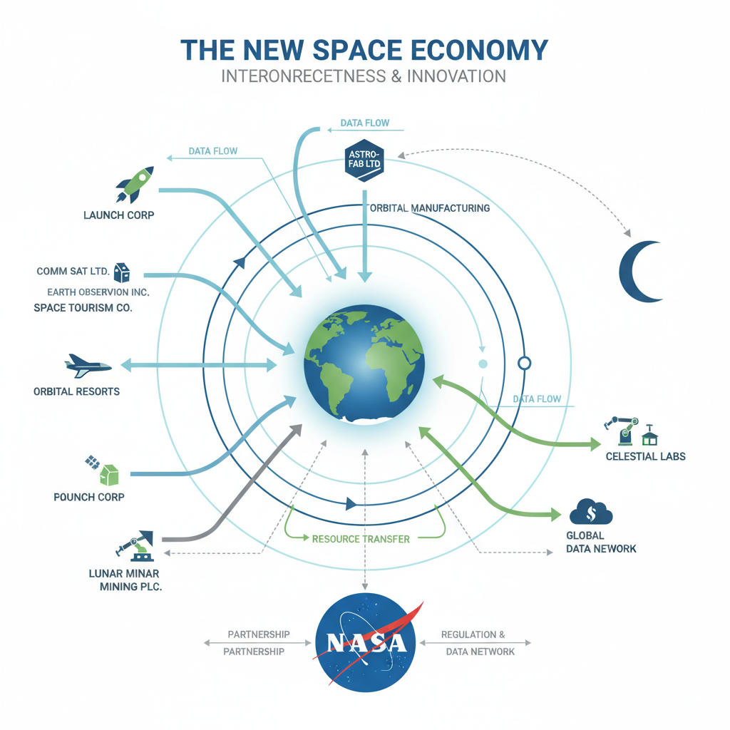 Esquema visual que representa o ecossistema emergente da economia espacial, destacando a interconexão entre agências governamentais e empreendimentos privados na órbita terrestre e na Lua.