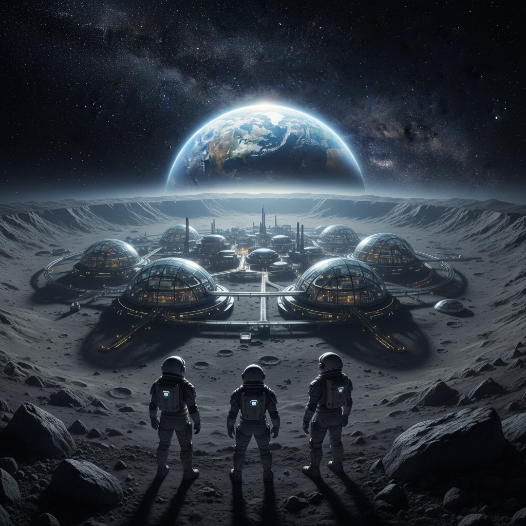 Uma colônia lunar futurista sob o brilho da Terra nascente, representando a grandiosidade da ambição humana de expandir sua presença além do planeta natal e explorar o cosmos.