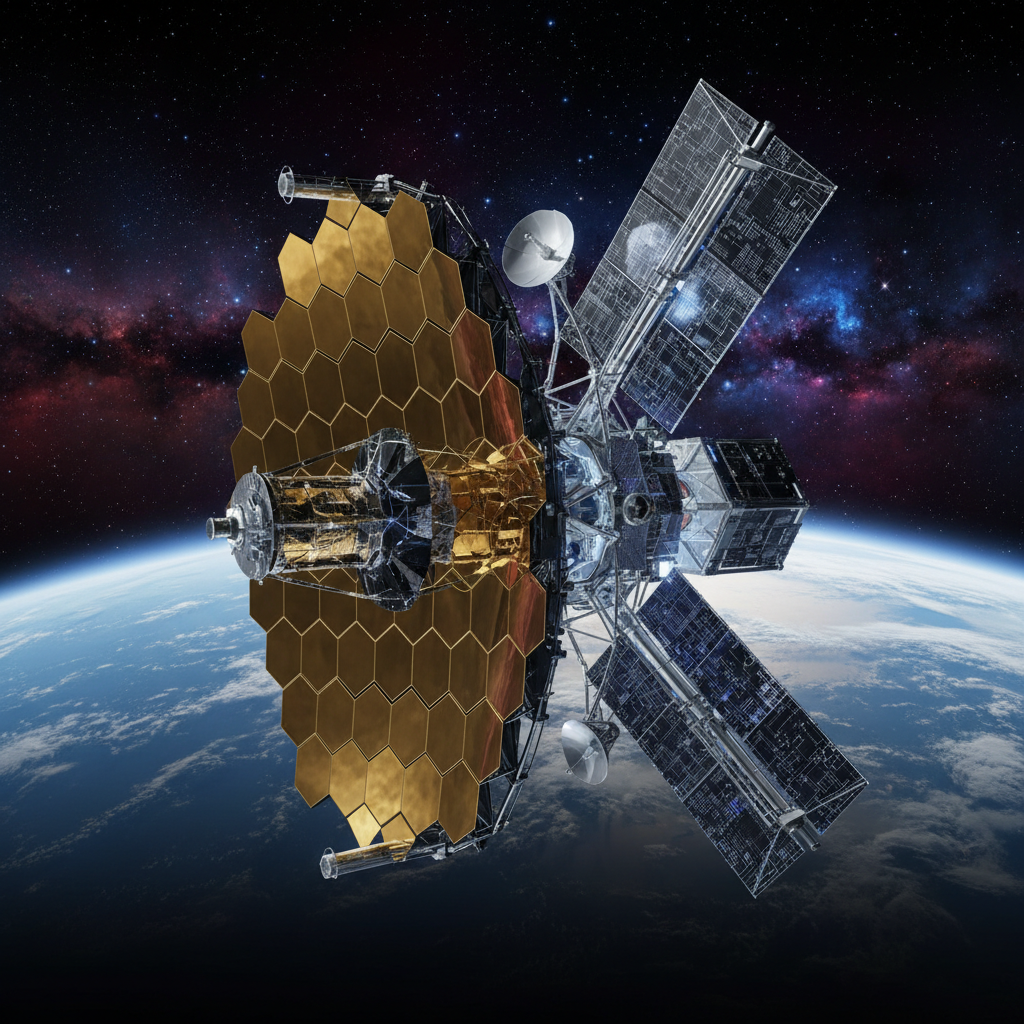 Um observatório espacial de alta tecnologia em órbita, simbolizando a incessante busca da humanidade para compreender a Terra e seu lugar no universo.