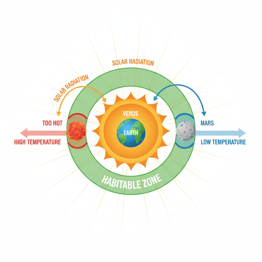 Um diagrama esquemático ilustrando a 'zona habitável' do Sol, onde a Terra se encontra na distância ideal para a existência de água líquida e, consequentemente, vida.