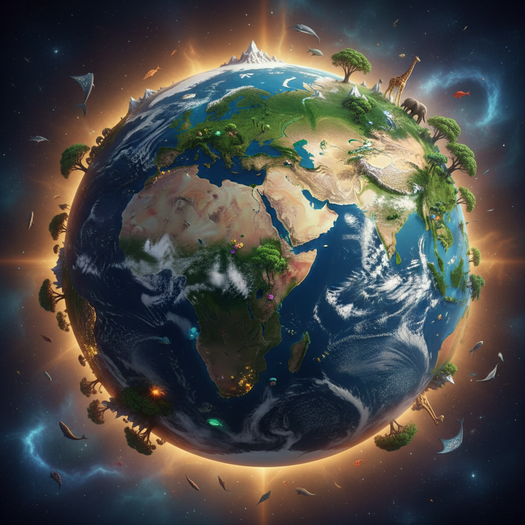 Uma representação artística e impactante da Terra, destacando sua biodiversidade exuberante e a complexidade de seus ecossistemas, um verdadeiro santuário de vida no cosmos.