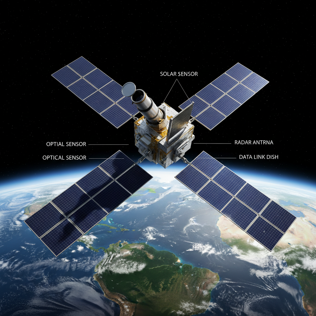 Um satélite de observação da Terra, como os utilizados pela NASA, em órbita, coletando dados vitais para a compreensão e proteção do nosso planeta.
