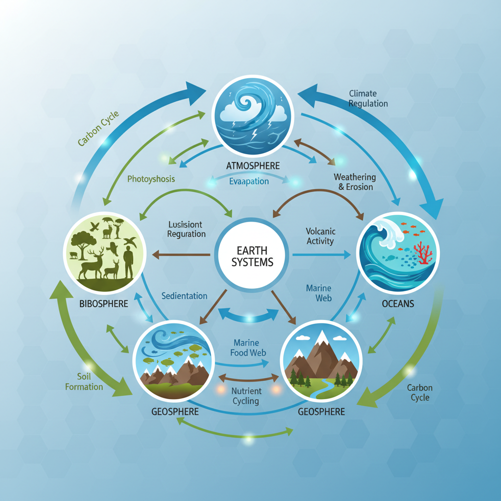 Diagrama conceitual que ilustra a complexa interconexão entre a atmosfera, oceanos, terra e biosfera, elementos fundamentais da ciência da Terra.