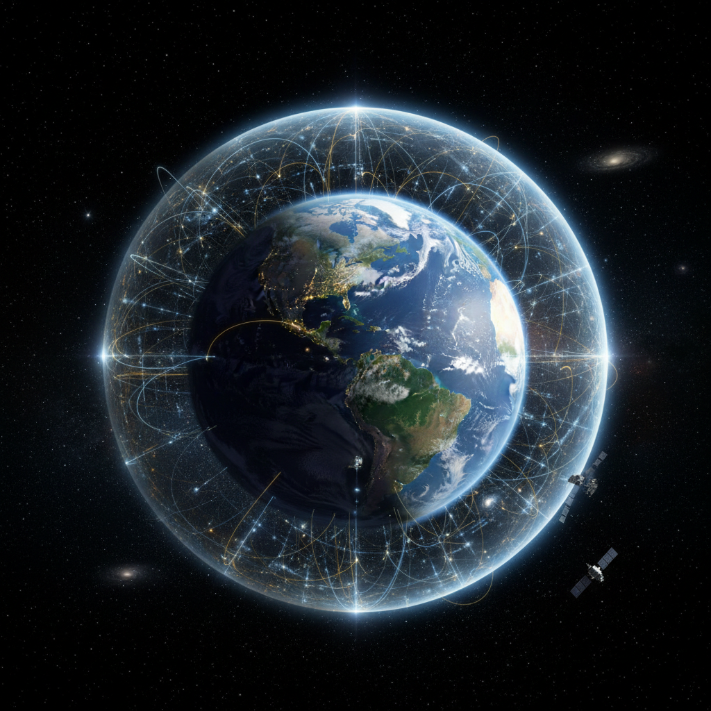 Uma visão inspiradora da Terra envolta por uma aura de conhecimento e proteção, simbolizando o papel crucial da ciência espacial na salvaguarda do nosso lar.