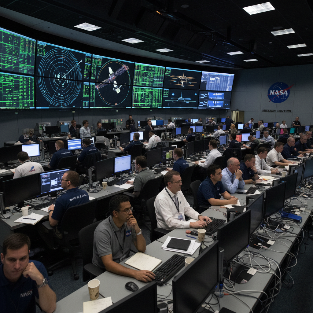No coração da exploração, um centro de controle da NASA pulsa com a colaboração de cientistas e engenheiros, que transformam dados brutos em sabedoria aplicável para guiar missões espaciais.