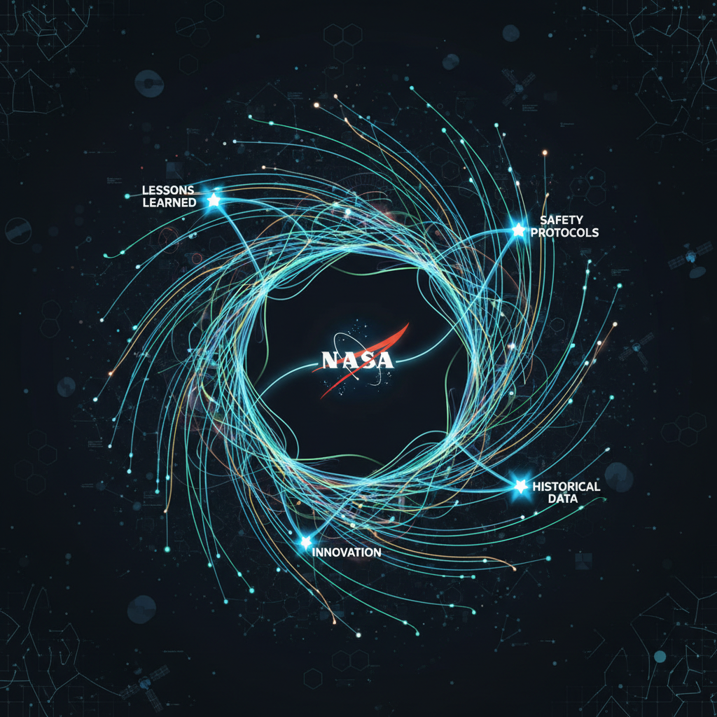 Um diagrama esquemático ilustra a intrincada teia de conhecimento da NASA, onde dados brutos são transformados em sabedoria aplicável, garantindo que lições do passado pavimentem o caminho para futuros sucessos.