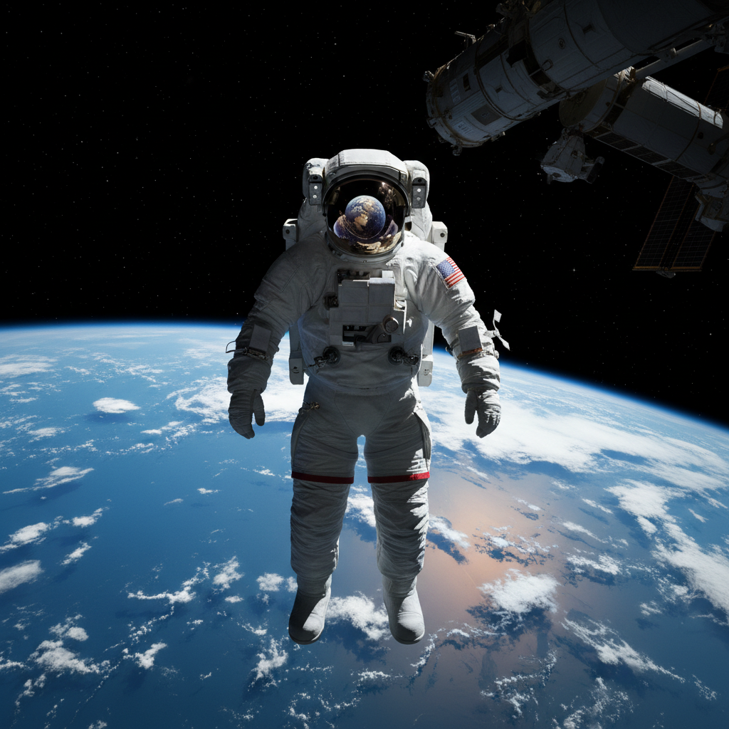 Um astronauta em órbita terrestre, com o planeta azul ao fundo, simboliza a audácia da exploração espacial e o ápice da jornada humana para estender seus olhos além da atmosfera.