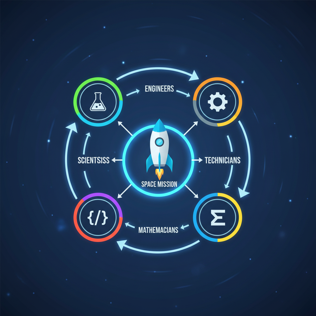 Um diagrama esquemático ilustra o complexo ecossistema de talentos – cientistas, engenheiros, técnicos, matemáticos e programadores – essenciais para o sucesso das missões espaciais da NASA.