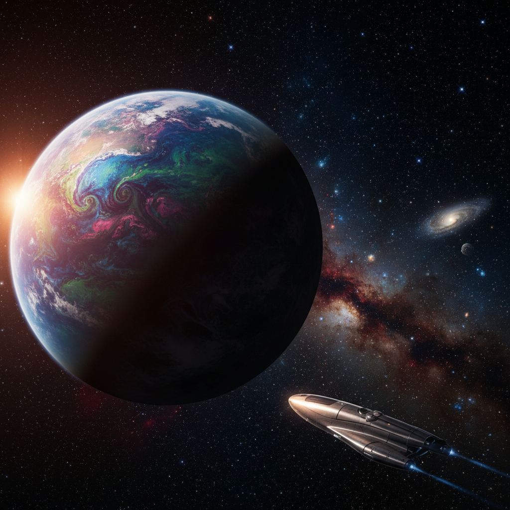 A imensidão e a beleza de um exoplaneta distante, banhado pela luz de sua estrela, simbolizam os segredos cósmicos que a próxima geração de exploradores está destinada a desvendar.