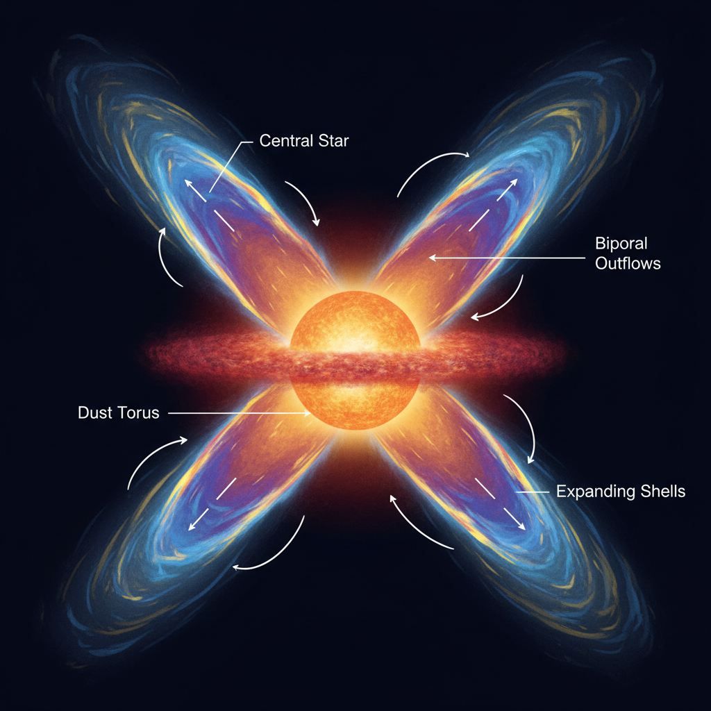 Este diagrama ilustra o estágio pré-planetário, onde uma estrela moribunda expele suas camadas externas em jatos bipolares, formando uma densa nuvem de poeira e gás.