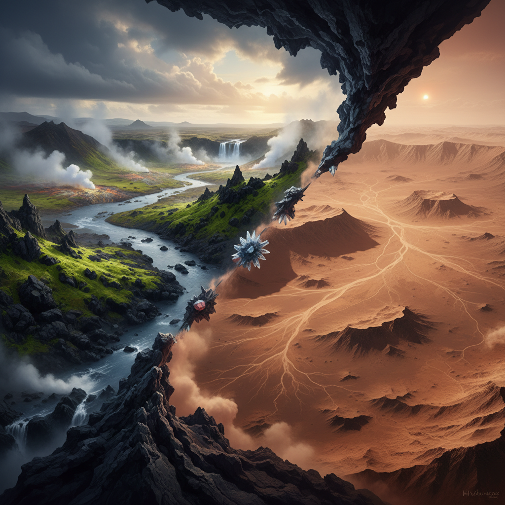 Uma representação visual impactante compara as paisagens vulcânicas e hidrotermais da Islândia com as antigas planícies marcianas. Esta justaposição destaca a busca por análogos terrestres para entender o passado geológico e biológico de Marte.