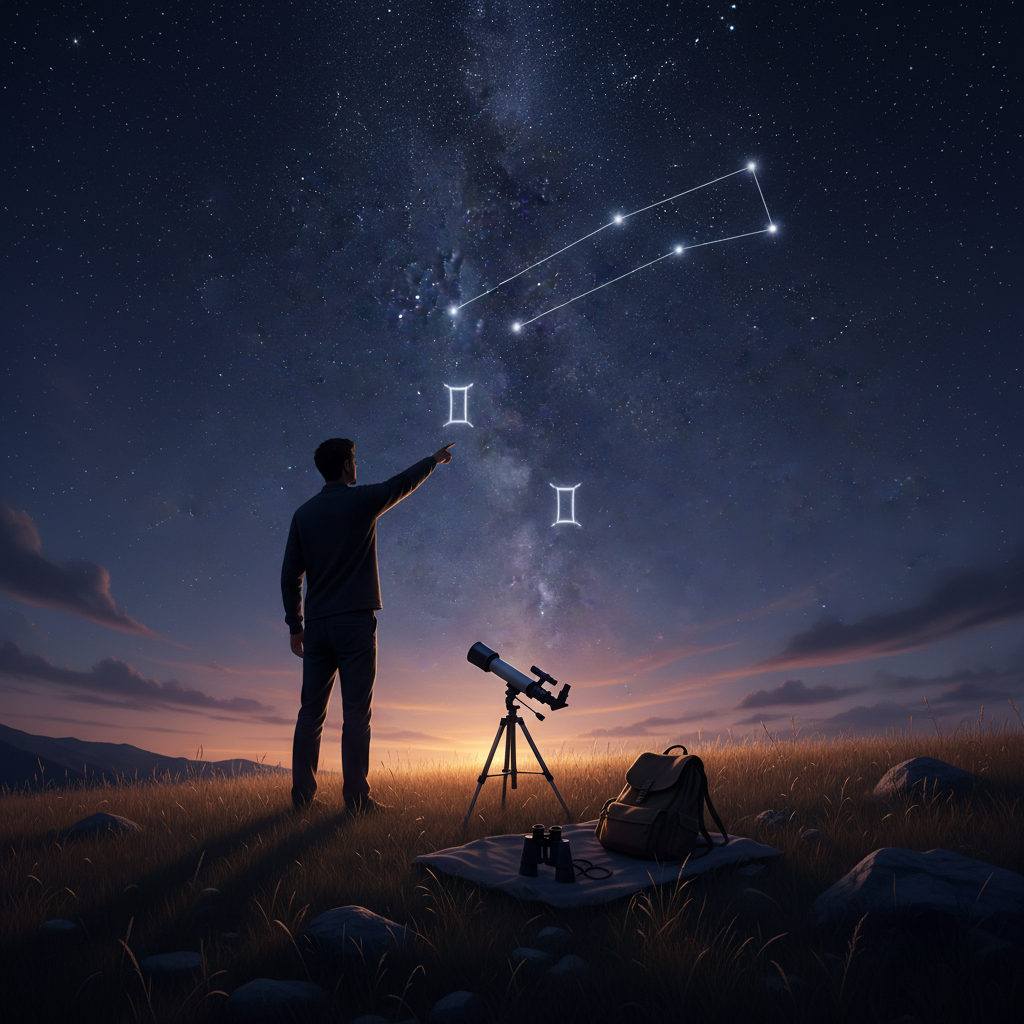 Um observador aponta para a constelação de Gêmeos, utilizando Órion como guia no vasto mapa estelar. A cena ilustra a jornada visual de decifrar o céu noturno e encontrar os 'irmãos' cósmicos.