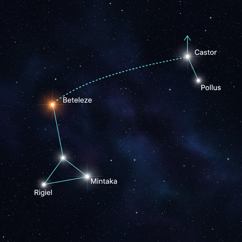 Este diagrama ilustra a técnica de 'salto estelar', guiando o observador de Órion até Gêmeos. A linha imaginária de Rigel, passando pelo Cinturão e Betelgeuse, aponta diretamente para Castor e Pólux.