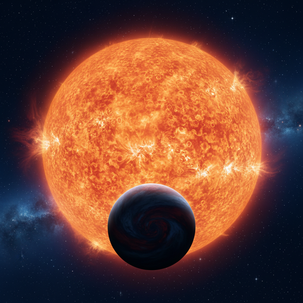 Pólux, a estrela gigante laranja e mais brilhante de Gêmeos, é retratada com seu exoplaneta em órbita, revelando a complexidade e a beleza de sistemas estelares além do nosso Sol.