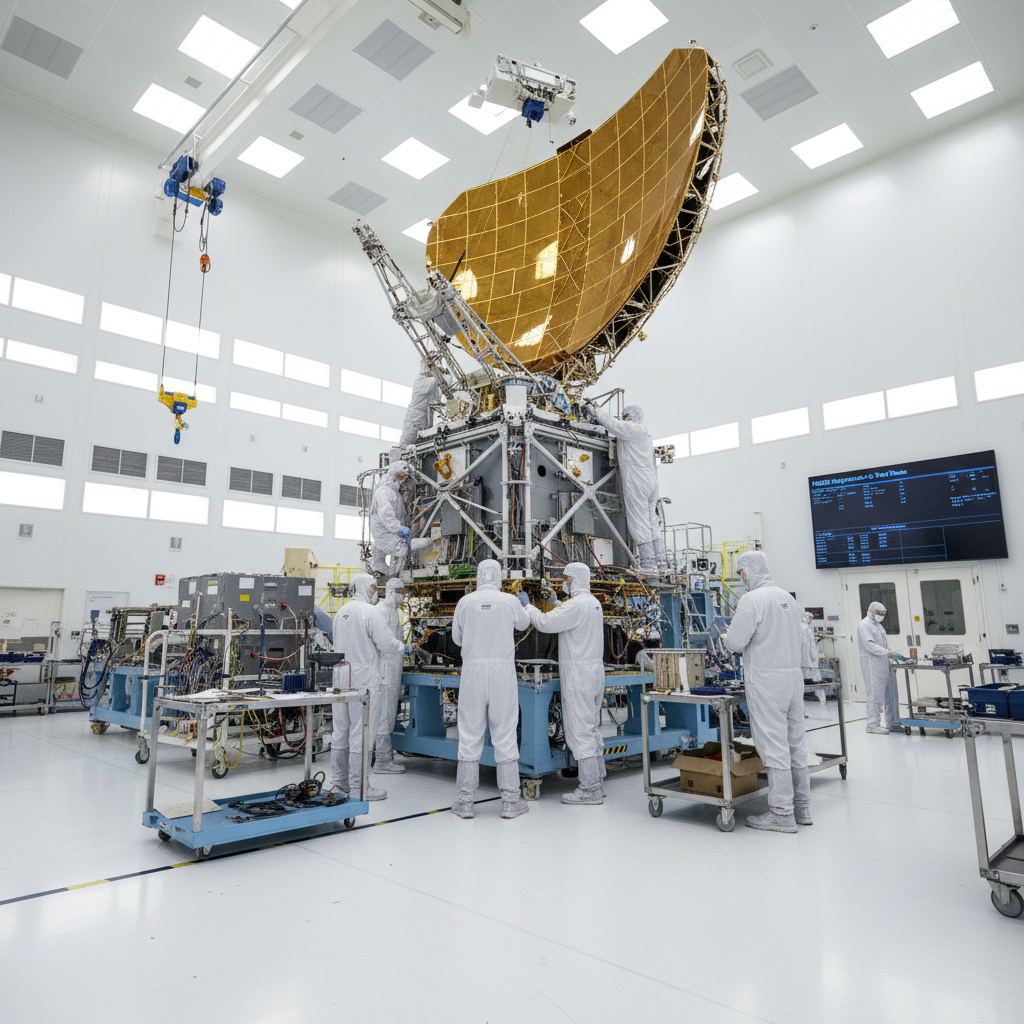 Engenheiros e cientistas trabalhando diligentemente na montagem e testes do satélite NISAR em uma sala limpa de última geração. Esta colaboração internacional representa um esforço monumental para a observação da Terra.